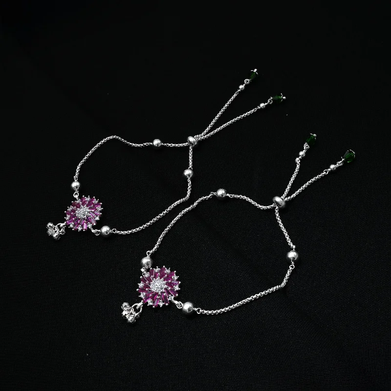 adjustable chain anklets for women-Floral Silver Anklet with Pink Stones, Green Accents, Ghungroo.