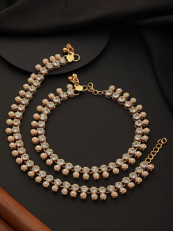 ankle bracelets with pearls for women-Set Of 2 Gold Plated Kundan Studded & Pearl Beaded Anklets