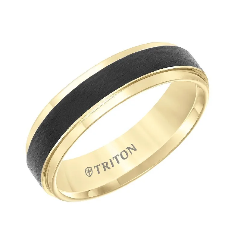 anniversary engagement rings for women-BUMBLE Yellow Two-Tone Tungsten Polished Step Edges Ring with Wire Brushed Raised Black Center by Triton Rings - 6mm