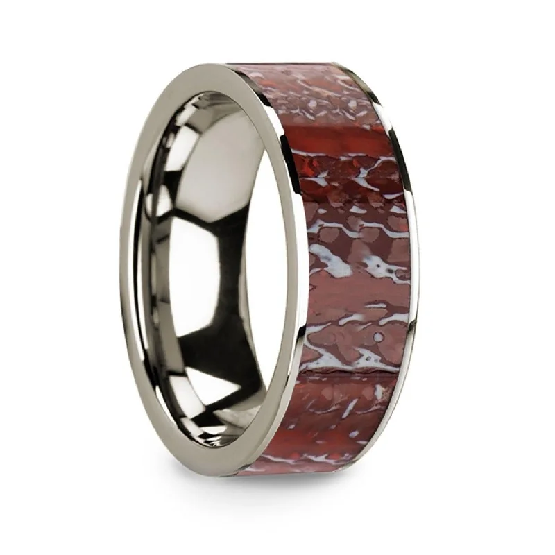 gold engagement rings for women-Flat 14k White Gold Ring with Red Dinosaur Bone Inlay - 8mm