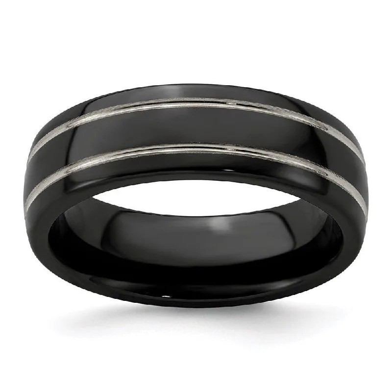 black diamond engagement rings for women-Edward Mirell Titanium Black Ti & Grey Grooved 7mm Band