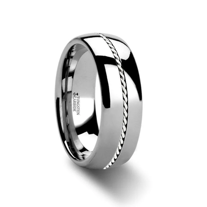 elegant engagement rings for women-PHYTHEON Braided Platinum Inlay Domed Tungsten Ring - 6mm or 8mm