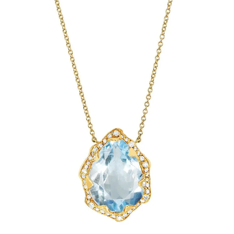 friendship necklace for women-Queen Water Drop Aquamarine Necklace with Full Pavé Diamond Halo