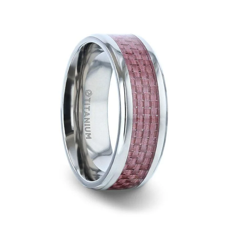 stunning engagement rings for women-DOMINIQUE Pink Carbon Fiber Inlaid Titanium Flat Polished Finish Band With Beveled Edges - 8mm