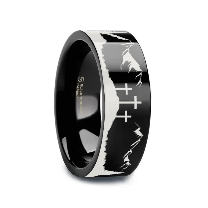 halo engagement rings for women-MOUNTAIN MAJESTY Laser Engraved Black Tungsten Carbide Ring