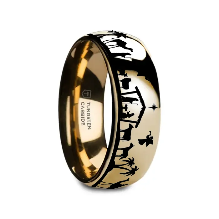 emerald halo engagement rings for women-NATIVITY SCENE on Domed Gold Plated Tungsten Carbide Ring