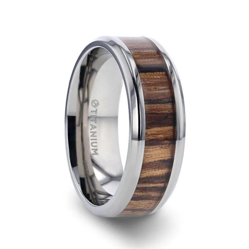 engagement rings with side stones for women-ZINGANA Titanium Ring with Beveled Edges and Real Zebra Wood Inlay - 8mm