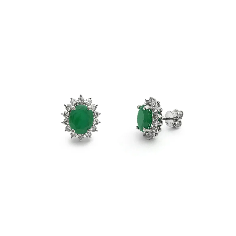 elegant earrings for women-Oval Emerald Diamond Halo Stud Earrings (14K)