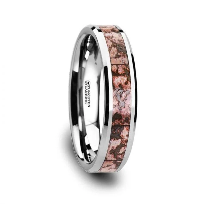 gemstone ring engagement rings for women-ARCHEAN Pink Dinosaur Bone Inlaid Tungsten Carbide Beveled Edged Ring - 4mm - 8mm