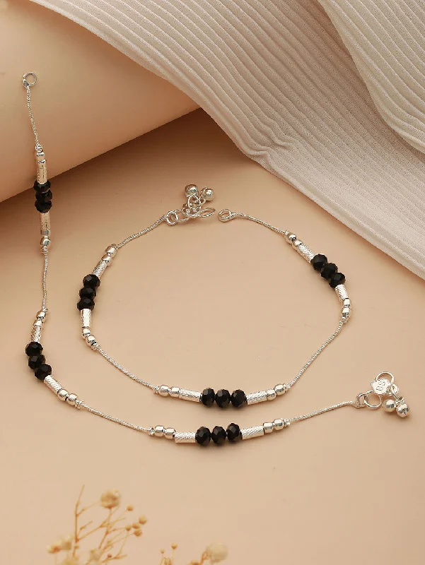 chic anklets for women-Set Of 2 Silver Plated & Black Crystal Beaded Anklets