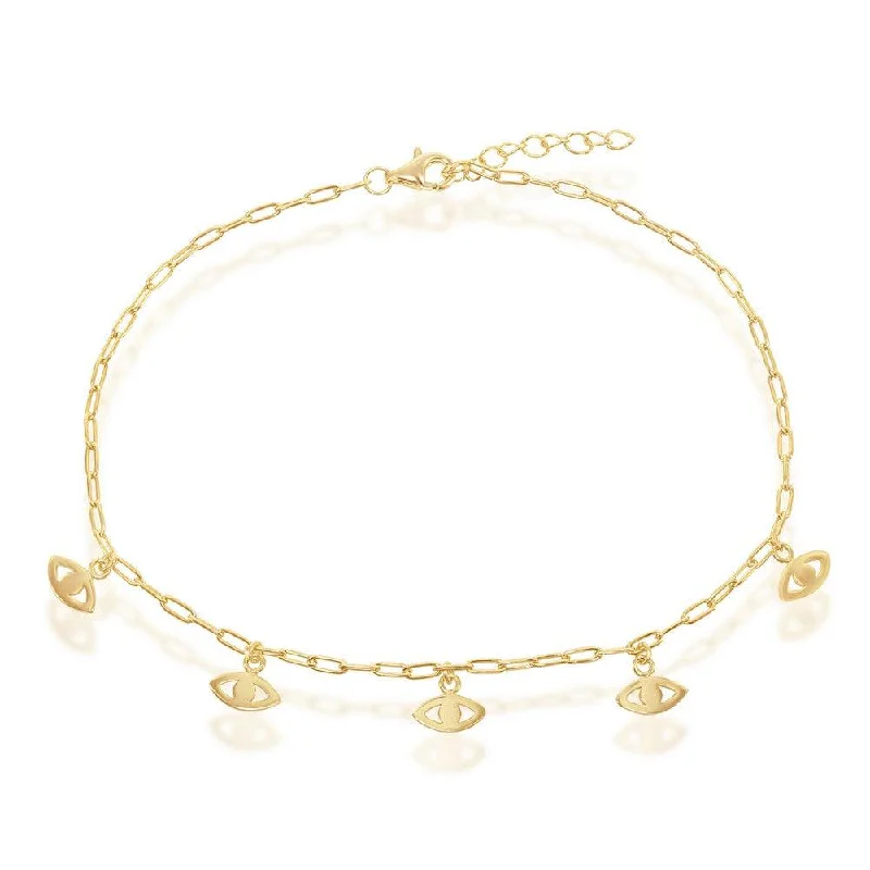 trendy anklets for women-Sterling Silver Evil Eye Charms Paperclip Anklet - Gold Plated