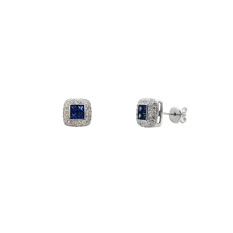 statement earrings for women-Diamond & Sapphire Square Pave Stud Earrings (18K)