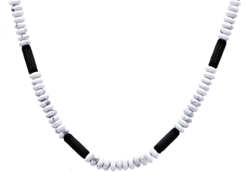 pearl strand necklace for women-Mens Genunine Howlite Black Plated Stainless Steel Disk Link Chain Necklace