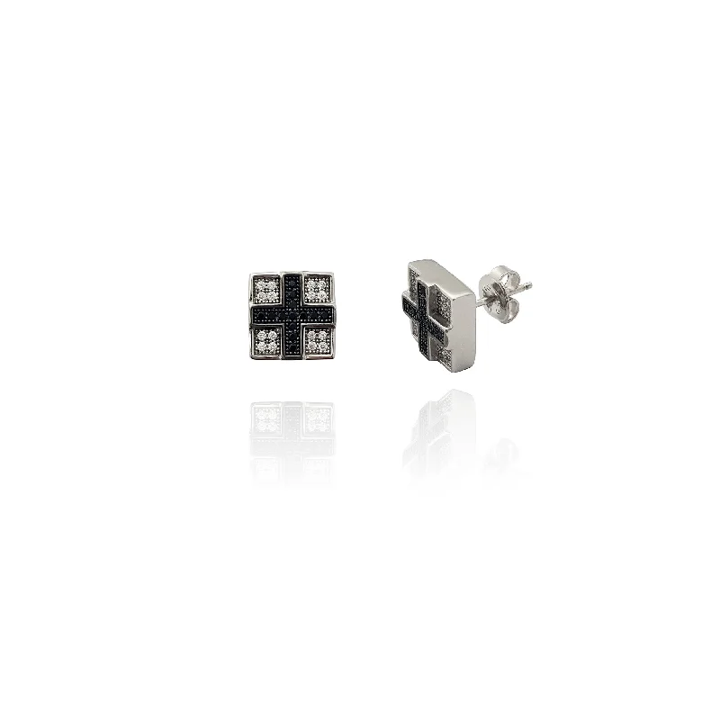 chic earrings for women-Iced-Out Black Crosshair Square Stud Earrings (Silver)