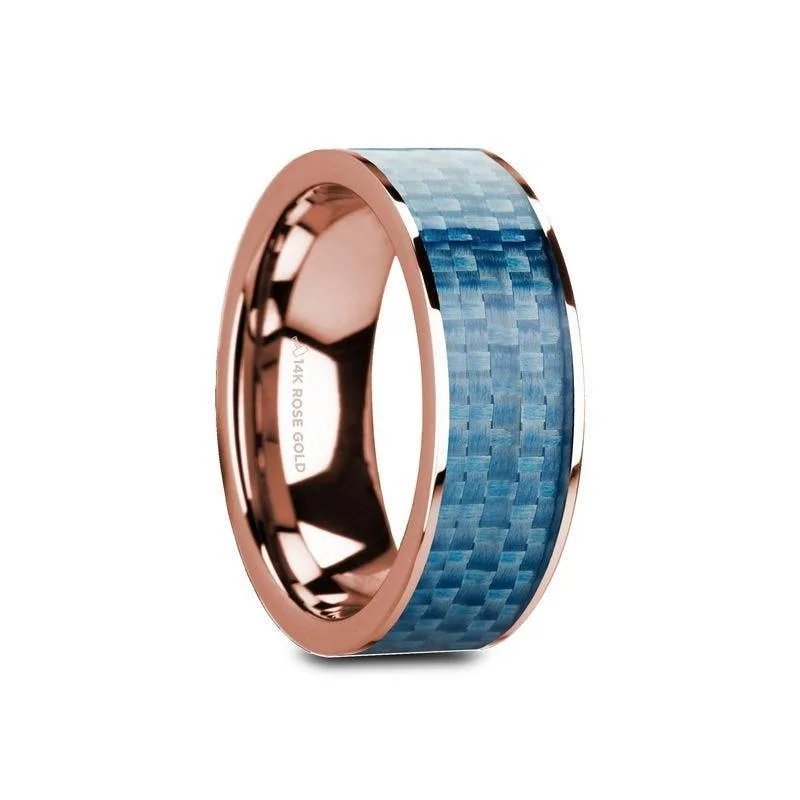 luxury engagement rings for women-GANESH Flat 14K Rose Gold Ring with Blue Carbon Fiber Inlay and Polished Edges - 8mm