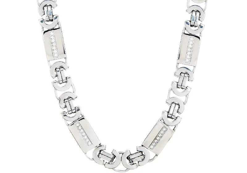 choker style necklace for women-Mens Stainless Steel Flat Byzantine Link Chain Necklace With Cubic Zirconia