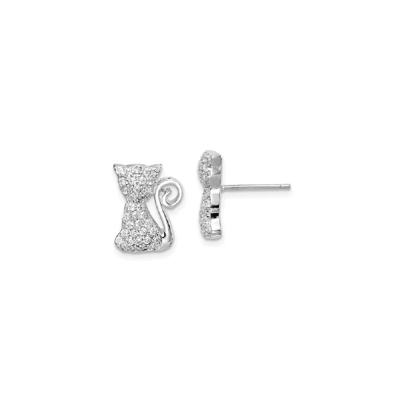 sterling silver earrings for women-Bejeweled Sitting Cat CZ Stud Earrings (Silver)