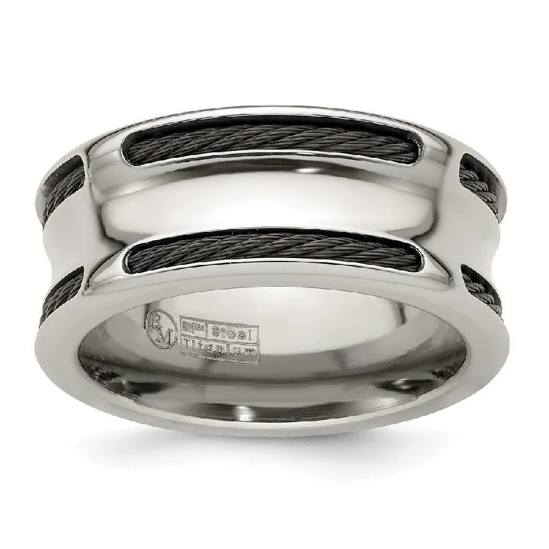 white gold engagement rings for women-Edward Mirell Stainless Steel & Black Ti Cable Polished Concave 10mm Ring