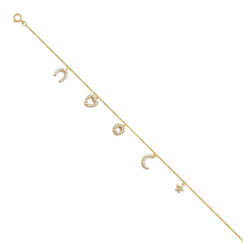 dainty anklets for women-14K CZ Chain Anklet Moon Heart Star