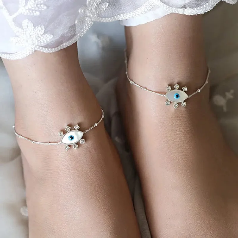 ankle bracelets with charms for women-Evil Eye Silver Anklet