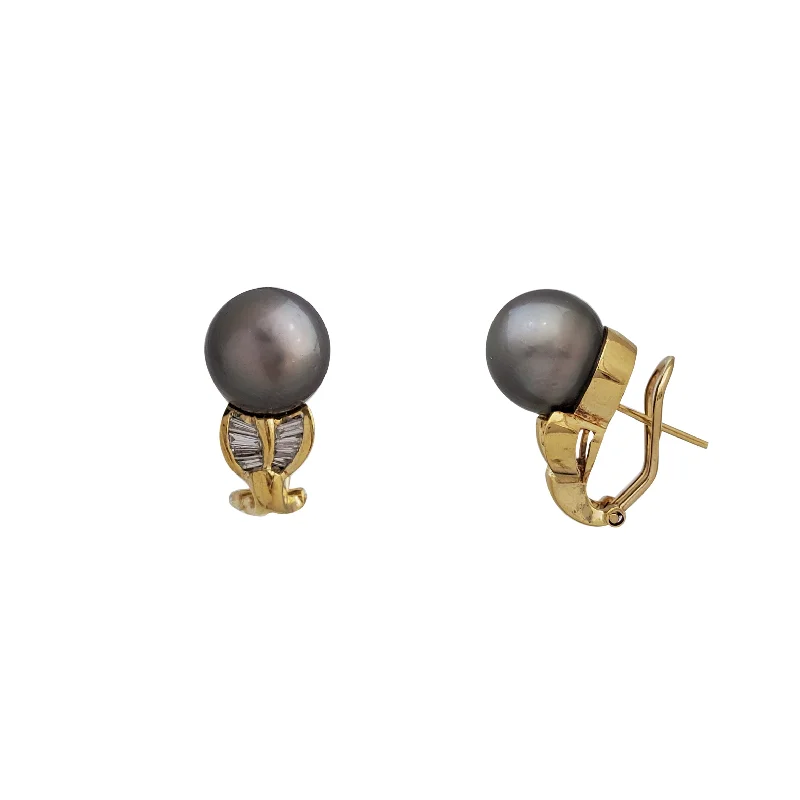 fashion gold earrings for women-Baguette Diamond With South Sea Pearl Earrings (18K)