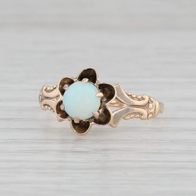 elegant engagement rings for women-Victorian Opal Flower Ring 10k Gold Size 5.5 Antique Round Cabochon Solitaire