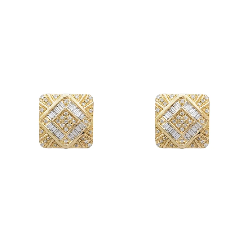 colorful earrings for women-Diamond Bezel Square Stud Earrings (14K)