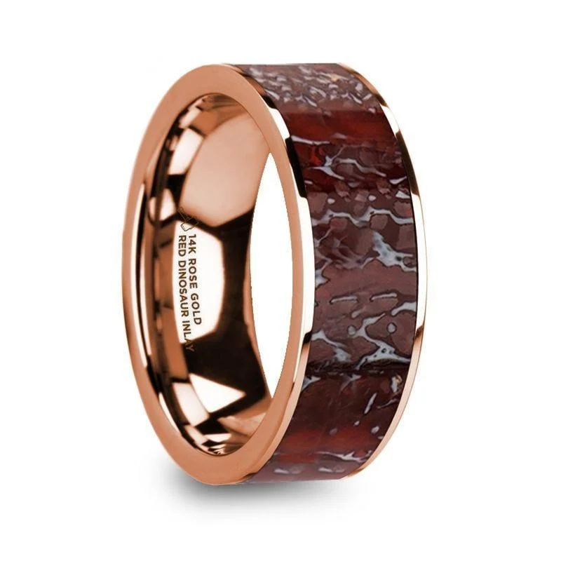 stackable engagement rings for women-RAPTOR Flat 14K Rose Gold Ring with Red Dinosaur Bone Inlay - 8mm