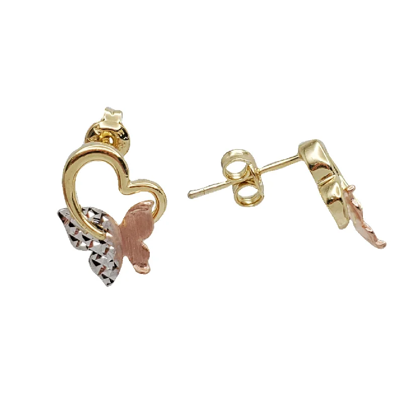 gold stud earrings for women-Tricolor Heart With Butterfly Stud Earrings (14K)