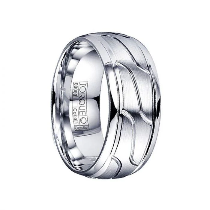 stunning solitaire engagement rings for women-VIBIANUS Domed Cobalt Ring with Engraved Design & Polished Step Edges - 9mm