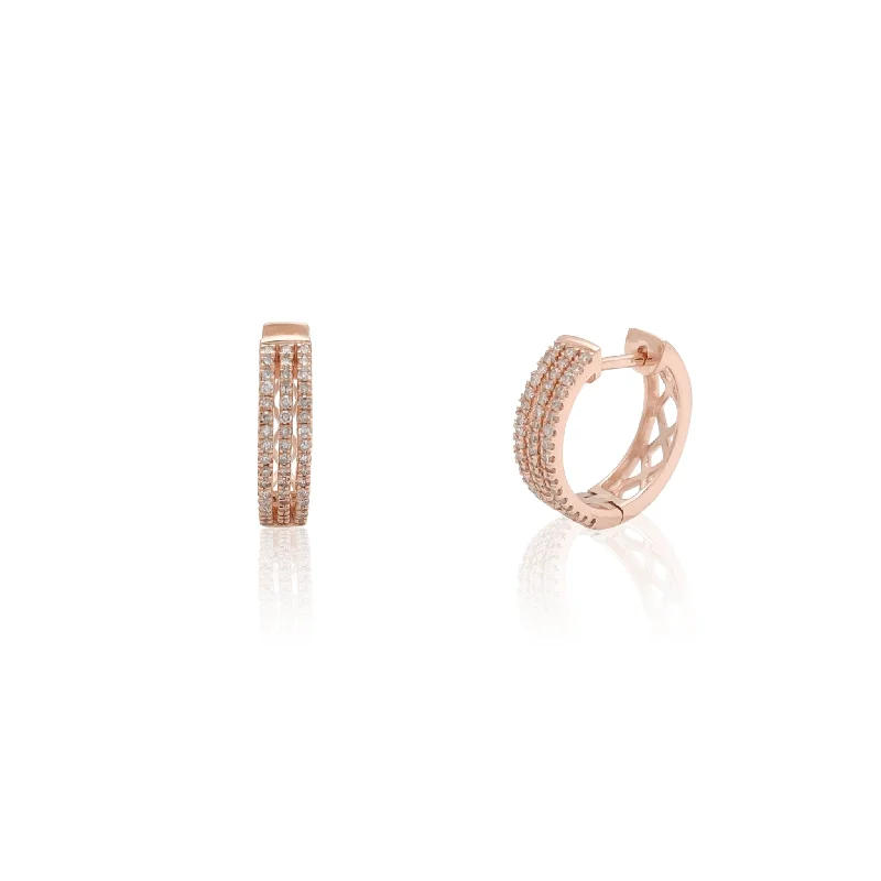 drop earrings for women-Diamond Pave Triple Rows Huggie Earrings (14K)