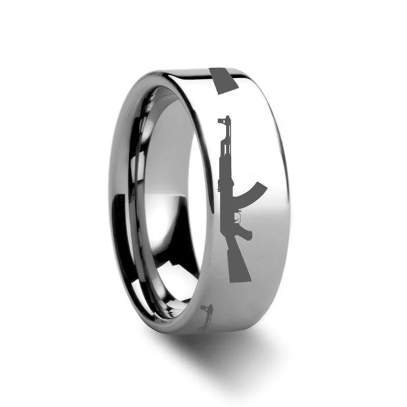 gemstone engagement rings for women-AK-47 Firearm AK47 Design Engraved Flat Tungsten Ring - 4mm - 12mm