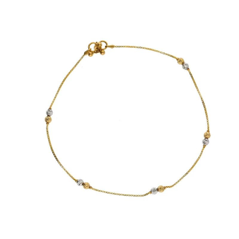 diamond anklets for women-22K Multi Tone Gold Box Link Anklets Set of 2 W/ Etched Gold Balls, 10.3 Grams