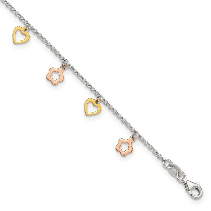 fashionable anklets for women-Sterling Silver Gold and Rose-tone Heart Flower 9in Plus 1in ext. Anklet