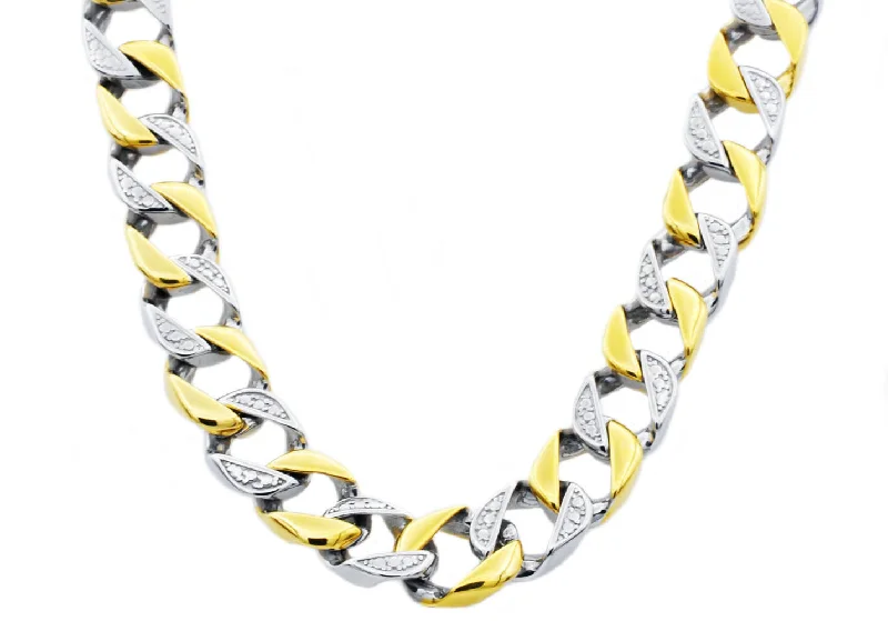 art deco necklace for women-Mens 14mm Two Tone Gold Stainless Steel Pave Curb Link Chain Necklace