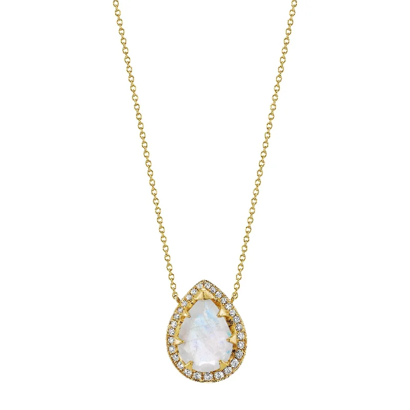 birthstone pendant necklace for women-18k Classic Queen Moonstone Water Drop Necklace with Large Full Pave Halo | Ready to Ship