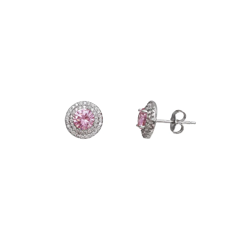 custom earrings for women-Pink Zirconia Halo Round Stud Earrings (Silver)