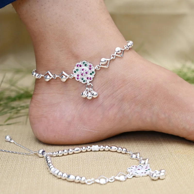 adjustable ankle bracelets for women-Silver Purple and Green Gem Stone with Silver Beads and Ghungroo Anklet for Girls