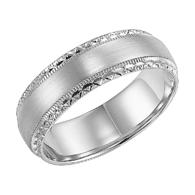 romantic engagement rings for women-18k White Gold Brushed Finish Men’s Milgrain Ring with Cut Pattern Beveled Edges - 8mm