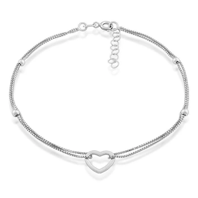 wedding ankle bracelets for women-Sterling Silver Double Strand with Beads and Open Heart Anklet