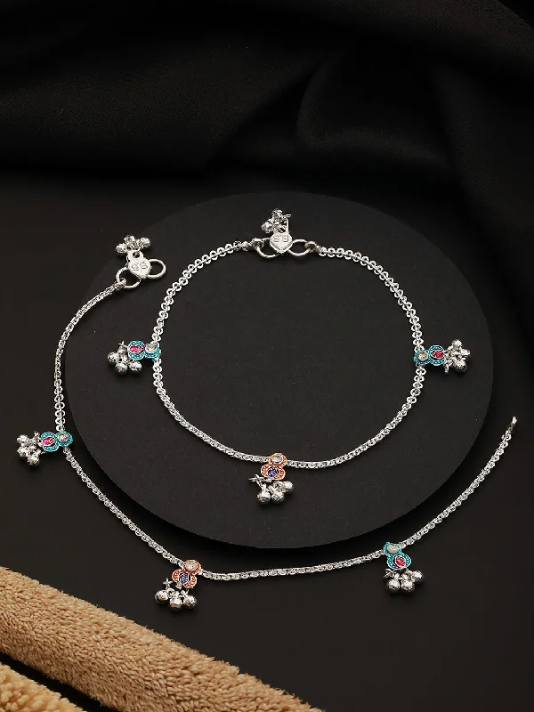 fashionable anklets for women-Set Of 2 Silver-Plated Pink&Blue Anklets With Ghungroo Detail