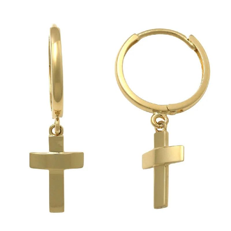 pearl drop earrings for women-Domed Cross Huggie Dangling Earrings (14K)