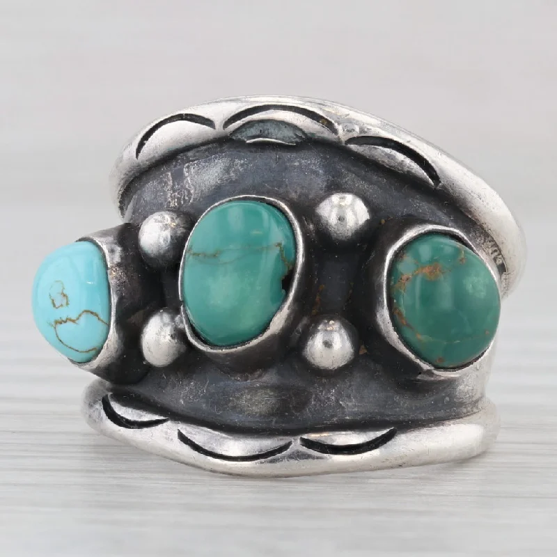 vintage-inspired engagement rings for women-Vintage Native American Baroque Turquoise Ring Sterling Silver Size 11 Signed