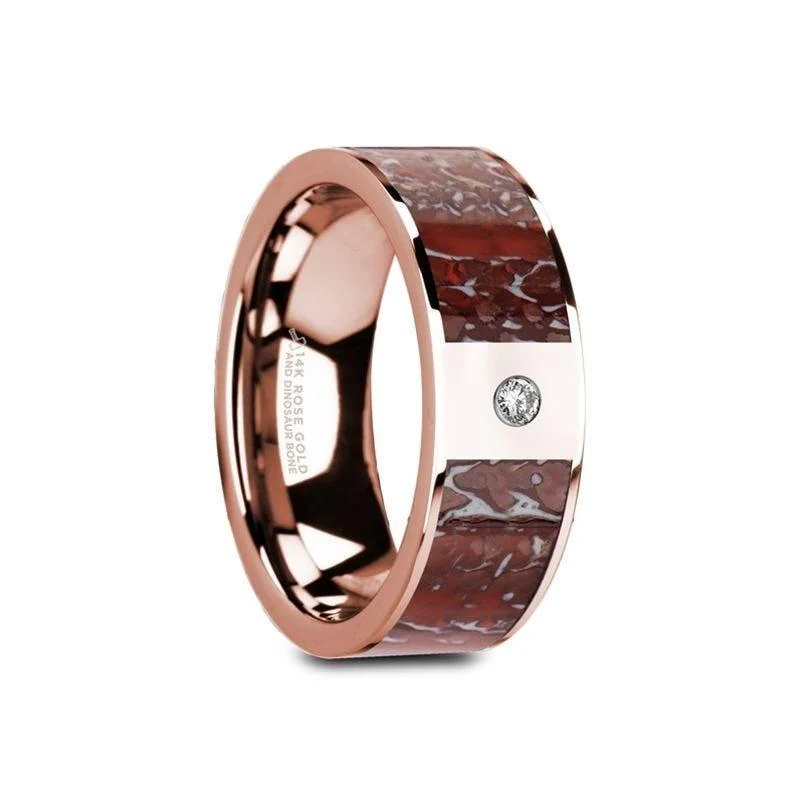 diamond solitaire engagement rings for women-GRUEV Flat 14K Rose Gold Ring with Red Dinosaur Bone Inlay & White Diamond Setting - 8mm