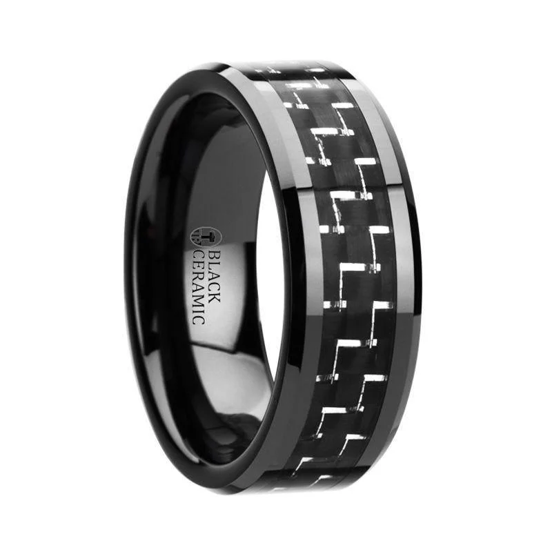 emerald engagement rings for women-TITAN Black Beveled Ceramic Ring with Silver & Black Carbon Fiber Inlay - 8mm