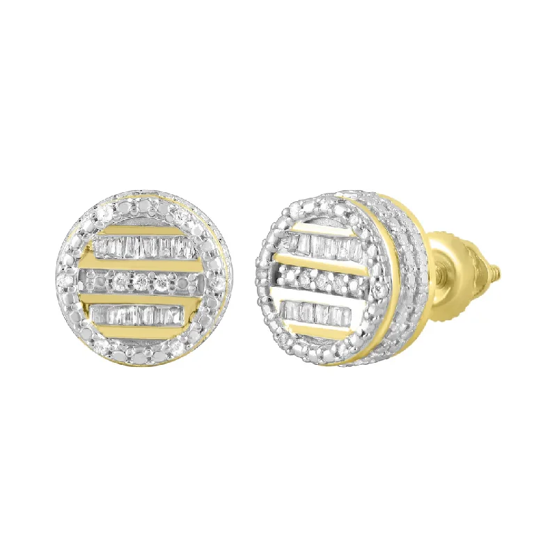 stud earrings for women-Diamond Baguette Round Stud Earrings (14K)