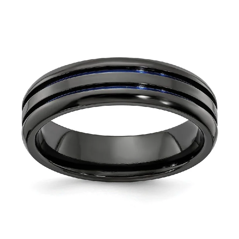 yellow gold engagement rings for women-Edward Mirell Black Ti Beveled & Grooved Blue Anodized 6mm Band