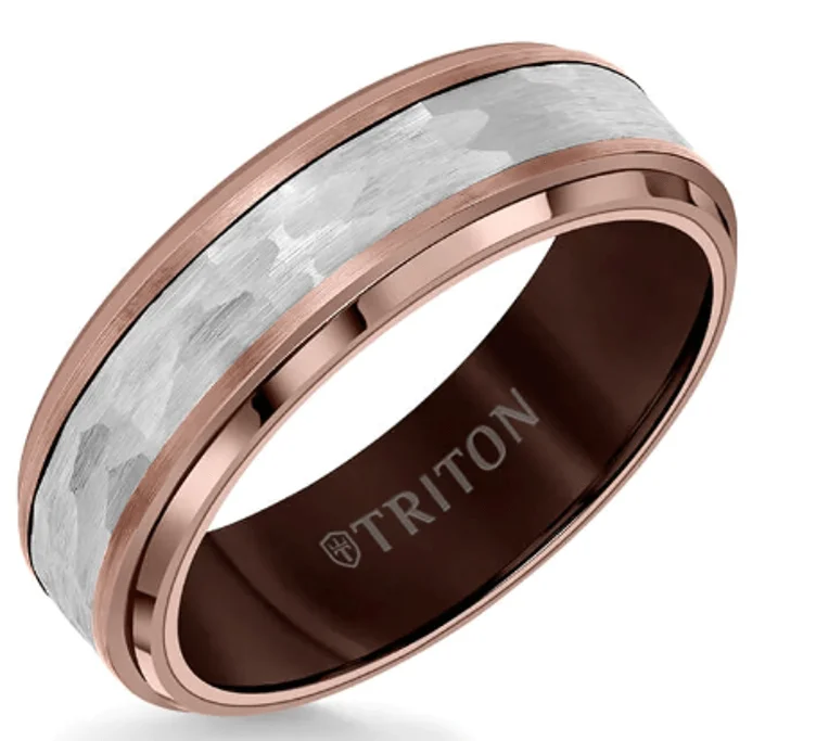 elegant engagement rings for women-BURNET 7MM Brown & White Tungsten Carbide Ring - Hammered Center and Step Edge