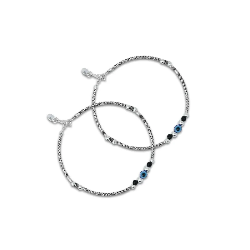 custom anklets for women-Silver Black and Silver Bead with Spring Design Anklet for Girls