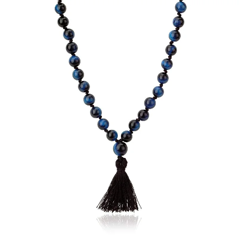 adjustable necklace for women-LH x JA Akasha Blue Tiger's Eye Mala Bead Tassel Necklace | Ready to Ship